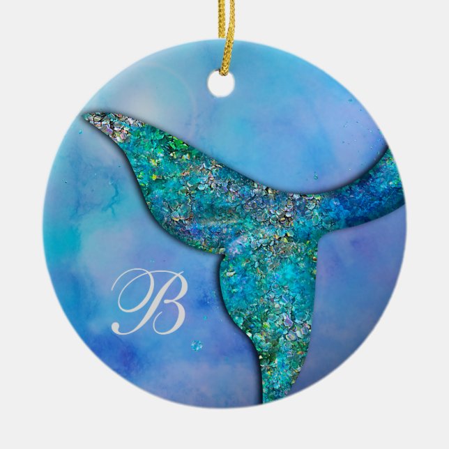 Sparkly Ocean Mermaid Fin Tail Personalised Ceramic Tree Decoration (Front)