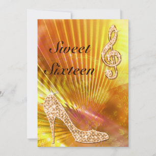 Sparkly Orange Music Note & Stiletto 16th birthday Invitation