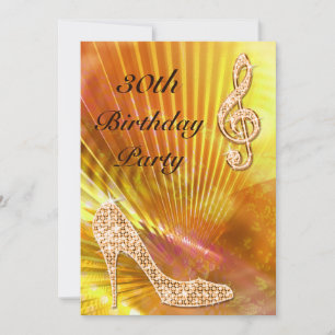 Sparkly Orange Music Note & Stiletto 30th birthday Invitation