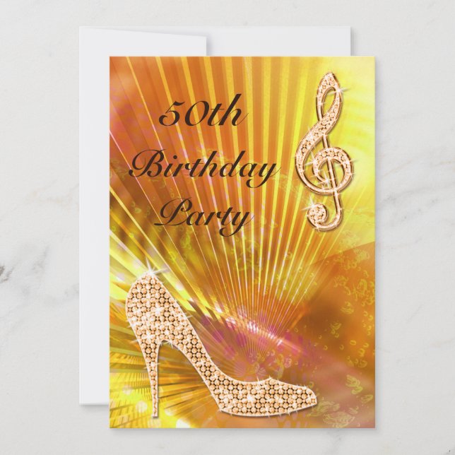 Sparkly Orange Music Note & Stiletto 50th birthday Invitation (Front)