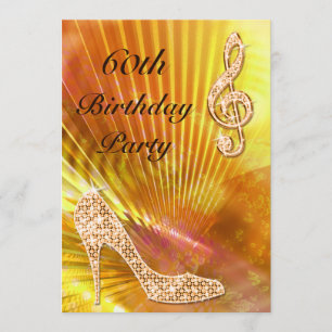 Sparkly Orange Music Note & Stiletto 60th birthday Invitation