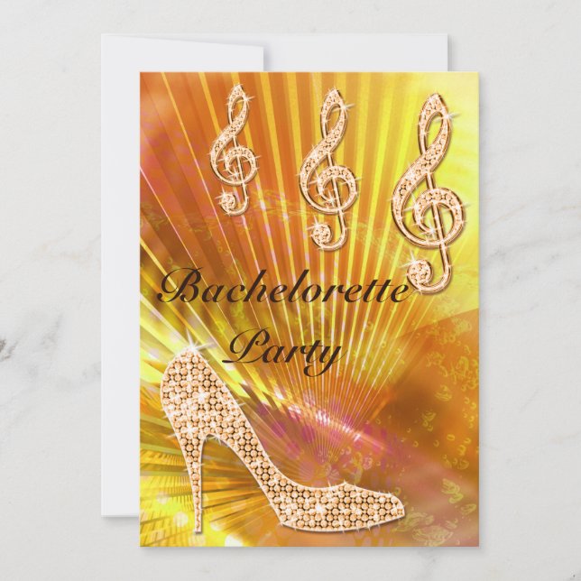 Sparkly Orange Music Note/stiletto Bachelorette Invitation (Front)