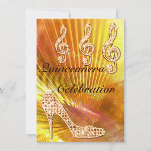 Sparkly Orange Music Note & Stiletto Quinceañera Invitation