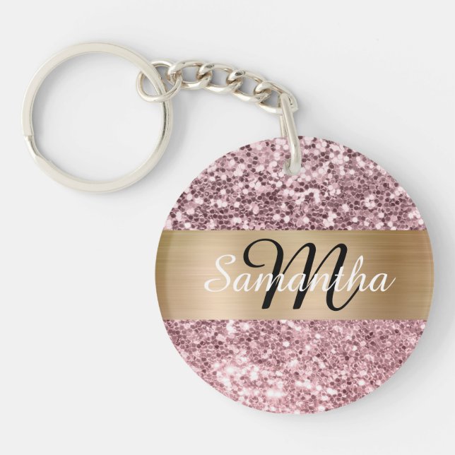 Sparkly Pale Pink Glitter Gold Foil Monogram Key Ring (Front)