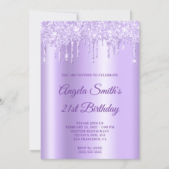 Sparkly Pale Purple Glitter Drips Lavender Ombre Invitation (Front)