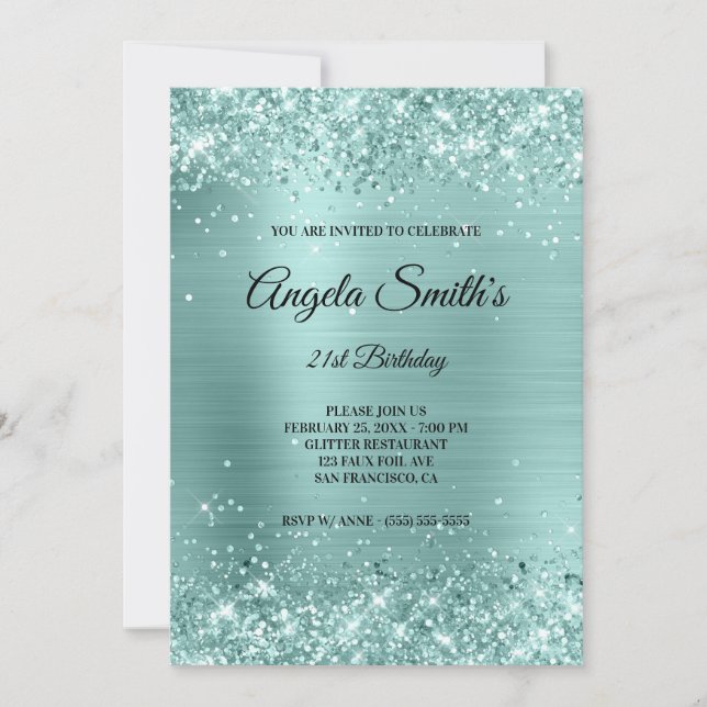 Sparkly Pale Turquoise Glitter Foil Monogram Invitation (Front)