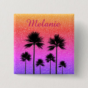 Sparkly Palm Trees Gradient Sunset Personalised 15 Cm Square Badge