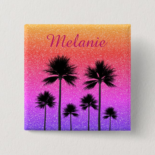 Sparkly Palm Trees Gradient Sunset Personalised 15 Cm Square Badge (Front)