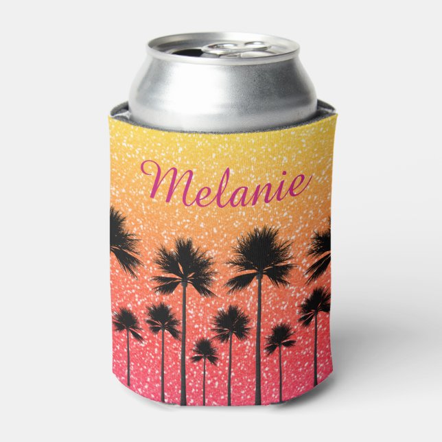 Sparkly Palm Trees Gradient Sunset Personalised Can Cooler (Can Front)