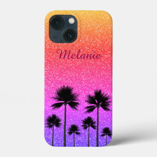 Sparkly Palm Trees Gradient Sunset Personalised iPhone 13 Mini Case