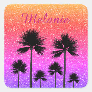 Sparkly Palm Trees Gradient Sunset Personalised Square Sticker