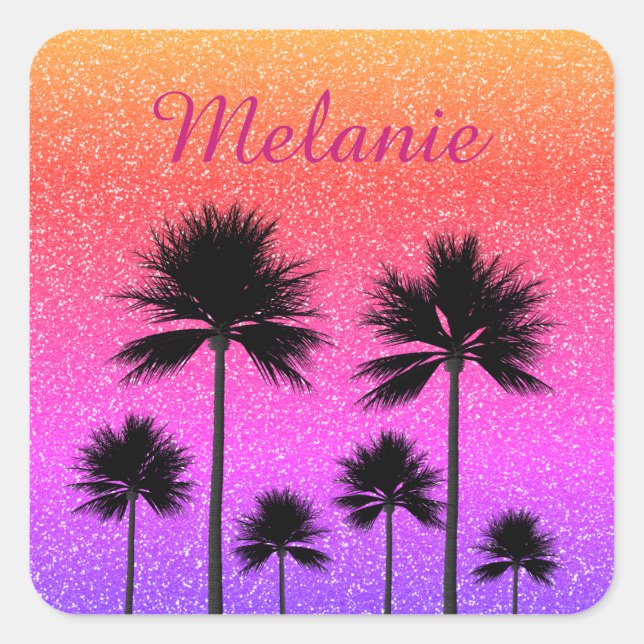 Sparkly Palm Trees Gradient Sunset Personalised Square Sticker (Front)