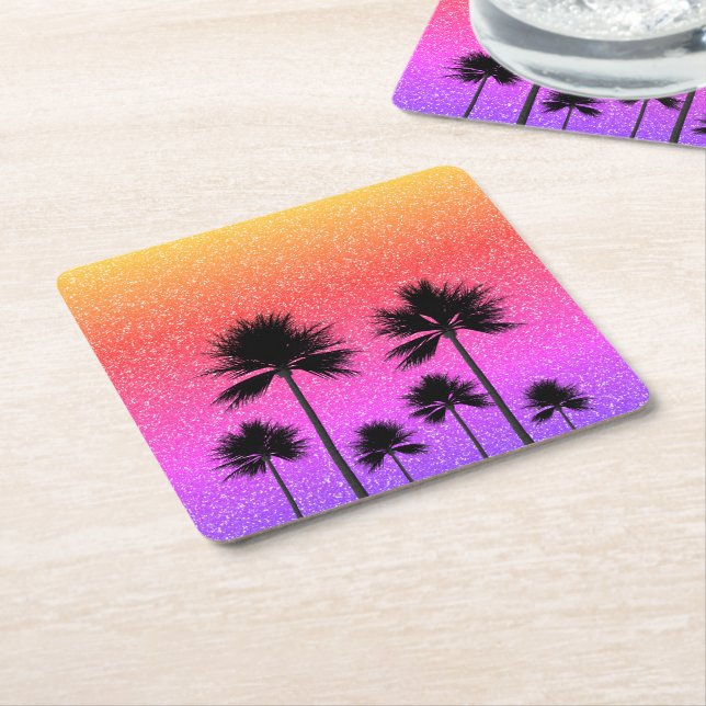 Sparkly Palm Trees Gradient Sunset  Square Paper Coaster (Angled)