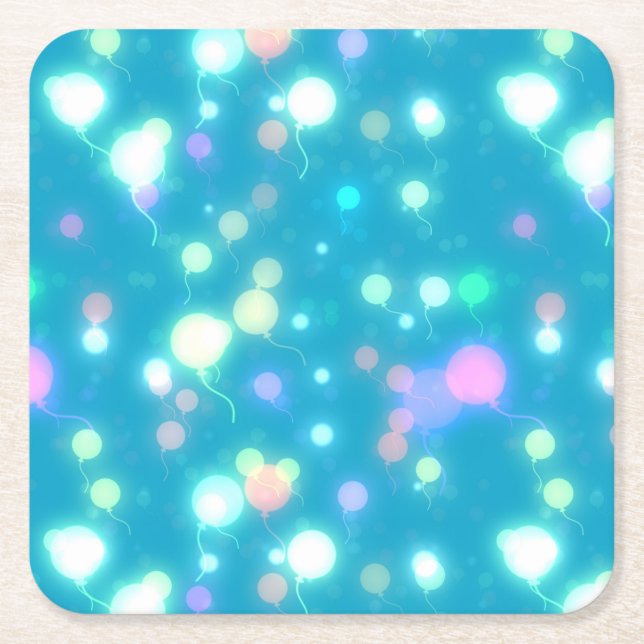 Sparkly Party Balloons Blue Square Paper Coaster (Front)