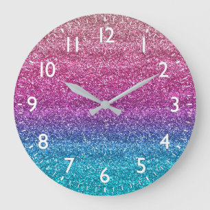 Sparkly Pink and Blue Gradient Glitter Large Clock