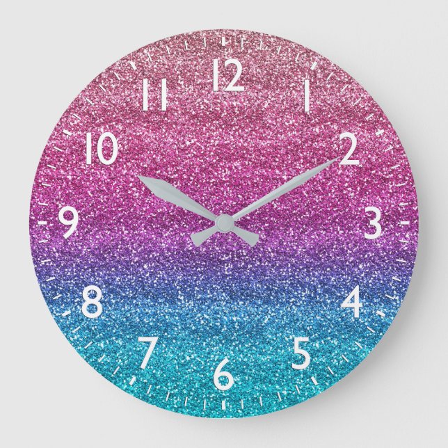 Sparkly Pink and Blue Gradient Glitter Large Clock (Front)