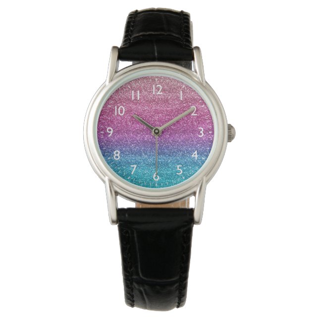Sparkly Pink and Blue Gradient Glitter Watch (Front)
