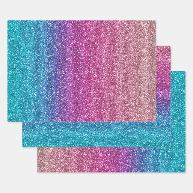 Sparkly Pink and Blue Gradient Glitter Wrapping Paper Sheet (Set)