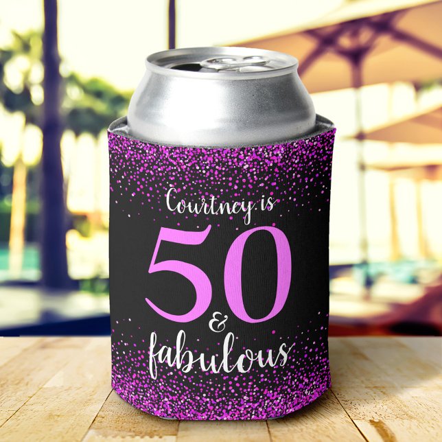 Sparkly Pink Black 50 and Fabulous Custom Name Can Cooler (Creator Uploaded)