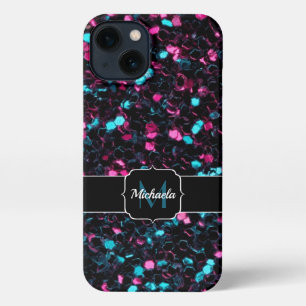  Sparkly pink blue mosaic glitter sparkle Monogram iPhone 13 Case