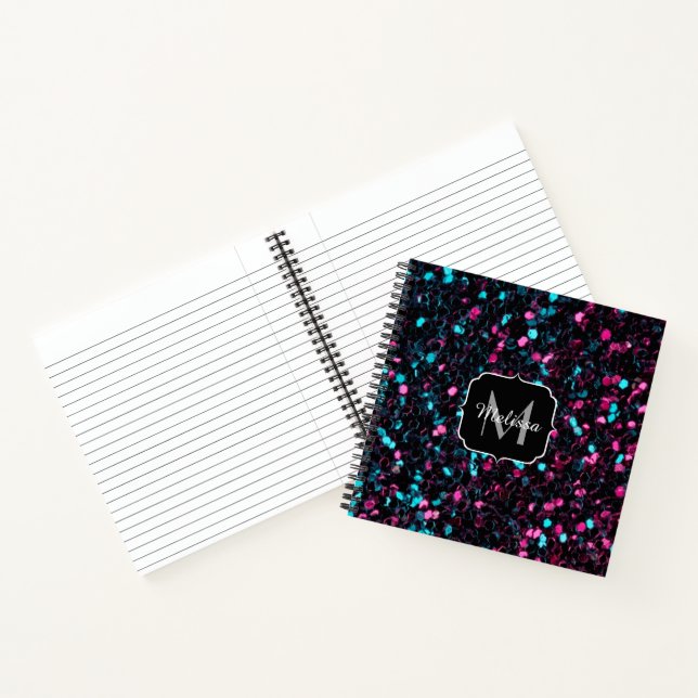  Sparkly pink blue mosaic glitter sparkle Monogram Notebook (Inside)