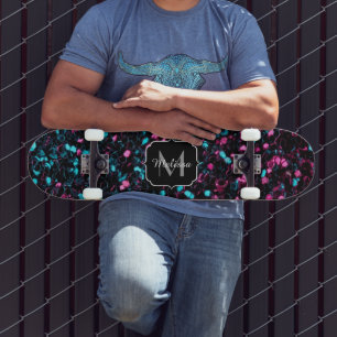 Sparkly pink blue mosaic glitter sparkle Monogram Skateboard