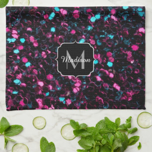  Sparkly pink blue mosaic glitter sparkle Monogram Tea Towel