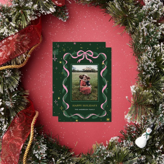 Sparkly Pink Bow Wreath Christmas Foil Card (Insitu)