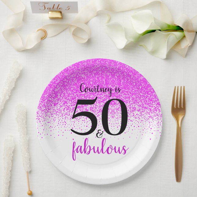 Sparkly pink confetti personalised 50 and fabulous paper plate (Wedding)