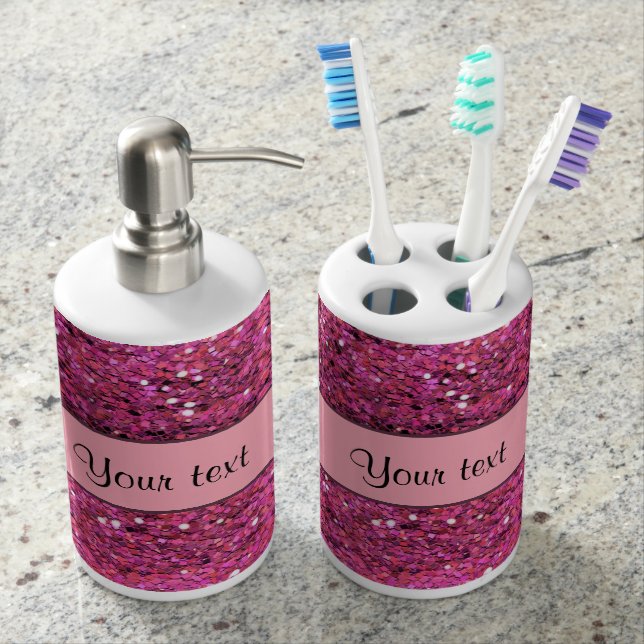 Sparkly Pink Glitter Soap Dispenser And Toothbrush Holder (Front)