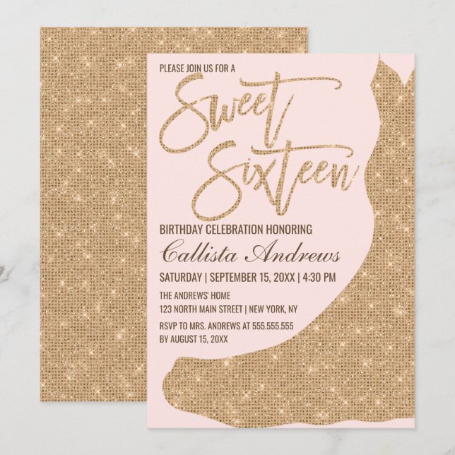 Sparkly Pink Gold Glitter Dress Sweet 16 Invitation (Front/Back)