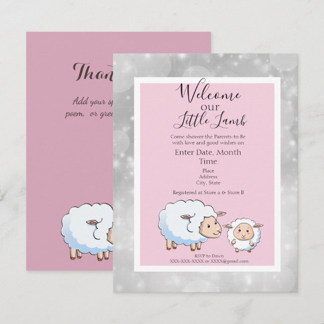 Sparkly Pink, Grey Lamb Baby Girl Shower Supplies Invitation (Front/Back)