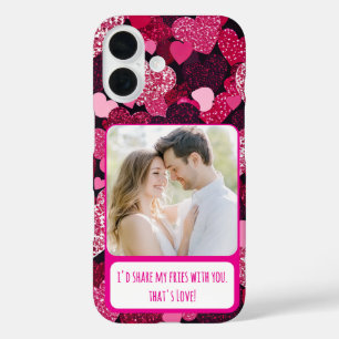 Sparkly Pink Hearts Share My Fries iPhone 16 Case