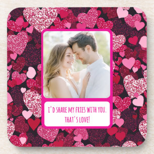 Sparkly Pink Hearts Share My Fries Coaster