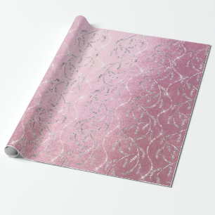 Sparkly Pink Laurel Floral Silver Diamonds Wrapping Paper