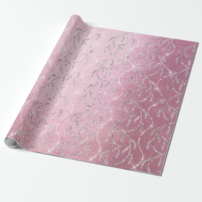 Sparkly Pink Laurel Floral Silver Diamonds Wrapping Paper (Unrolled)