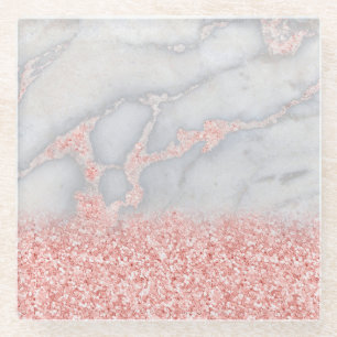 Sparkly Pink Rose Gold Bohemian Marble Glass Coaster