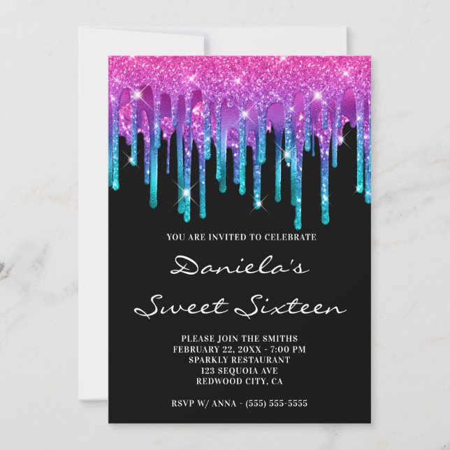 Sparkly Pink Teal Gradient Drip Black Sweet 16 Invitation (Front)