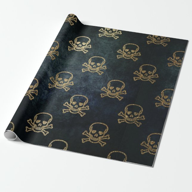 Sparkly Pirate Jolly Roger on Dark Background Wrapping Paper (Unrolled)