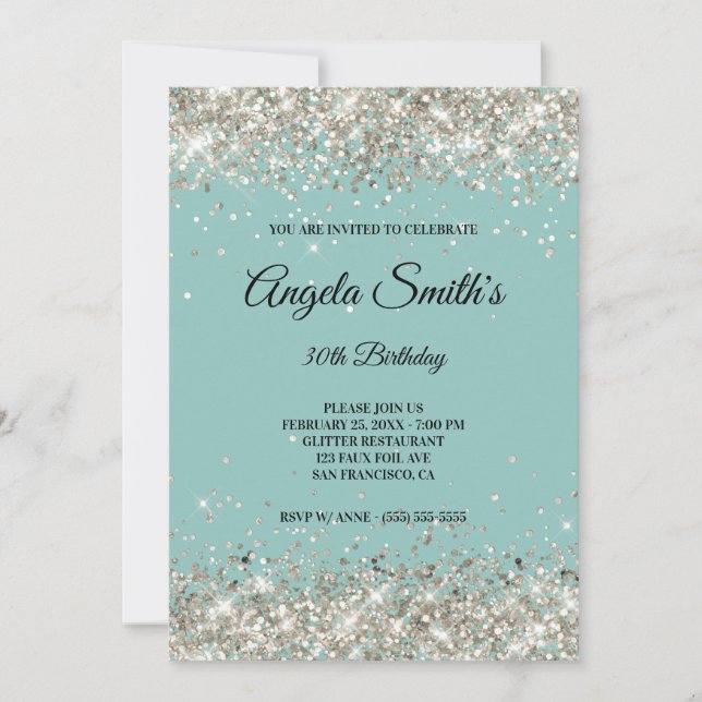 Sparkly Platinum Glitter Pale Turquoise Monogram Invitation (Front)
