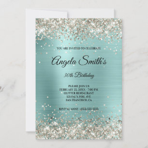 Sparkly Platinum Glitter Turquoise Foil Monogram Invitation