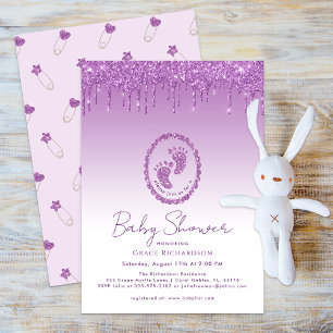 Sparkly Purple Baby Shower Feet Glitter Drips Invitation