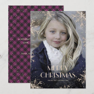 Sparkly Purple Buffalo Plaid Photo Christmas Cards