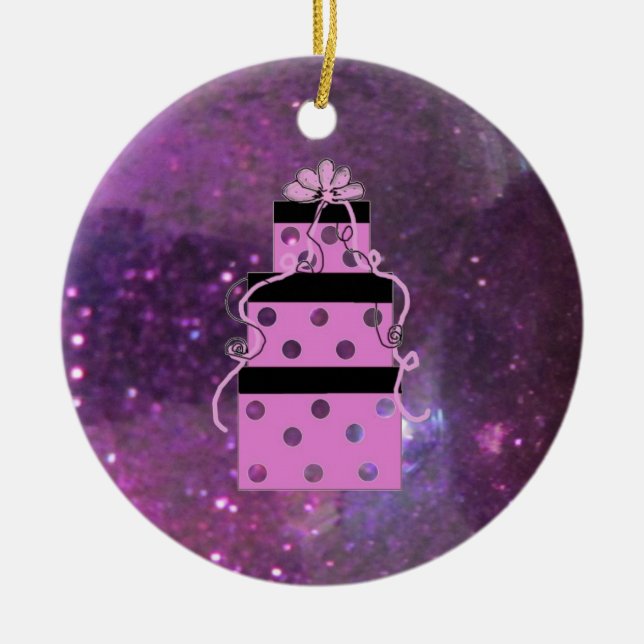 Sparkly Purple Christmas Packages Ceramic Tree Decoration (Front)