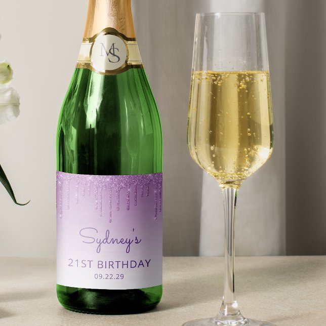 Sparkly Purple Glitter Drip 21st Birthday Party Sparkling Wine Label (Creator Uploaded)