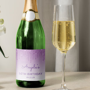 Sparkly Purple Glitter Drip 50th Birthday Party Sparkling Wine Label