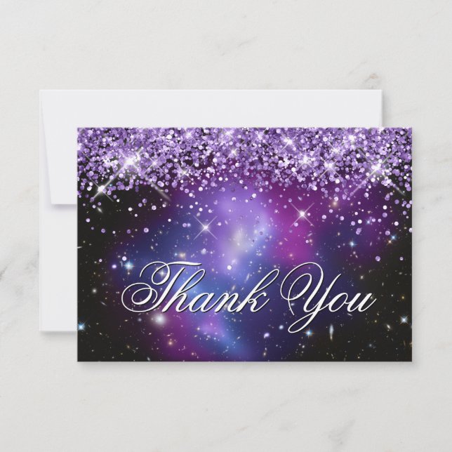 Sparkly Purple Glitter Purple Celestial Photo Thank You Card (Front)