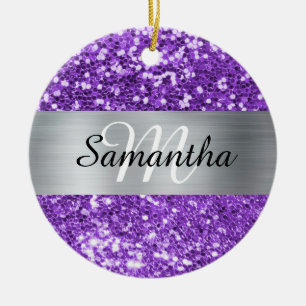 Sparkly Purple Glitter Silver Foil Monogram Ceramic Tree Decoration