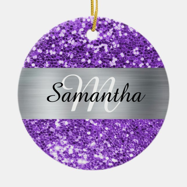 Sparkly Purple Glitter Silver Foil Monogram Ceramic Tree Decoration (Front)