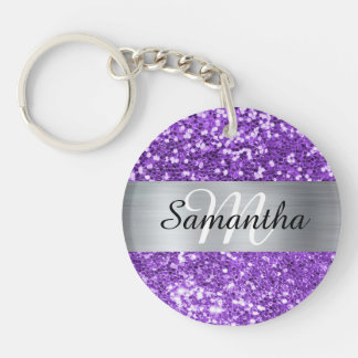 Sparkly Purple Glitter Silver Foil Monogram Key Ring